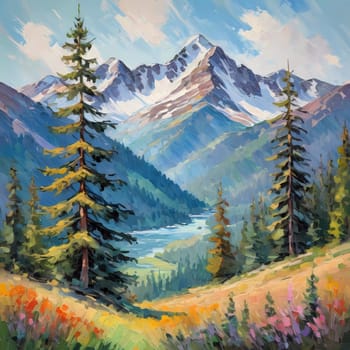 A breathtaking view of towering fir trees stands tall beside a tranquil lake, framed by majestic mountains under a clear blue sky, embodying the beauty of nature. Art illustration. Generative AI.