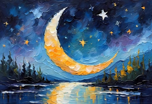 A breathtaking crescent moon glows brightly over a serene lake, surrounded by trees and a sky painted in hues of pink and purple, creating a peaceful twilight ambiance. Generative AI.