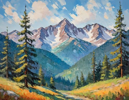 A breathtaking view of towering fir trees stands tall beside a tranquil lake, framed by majestic mountains under a clear blue sky, embodying the beauty of nature. Art illustration. Generative AI.