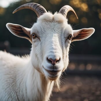 The white goat with distinct horns gazes intently, showcasing its expressive eyes and soft fur against a blurred background during golden hour. Generative AI.