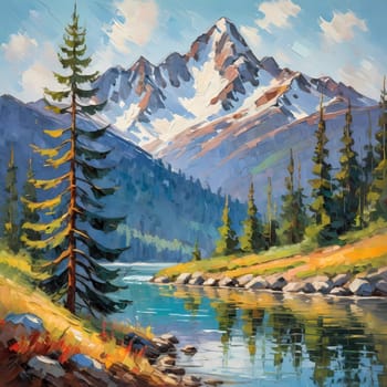 A breathtaking view of towering fir trees stands tall beside a tranquil lake, framed by majestic mountains under a clear blue sky, embodying the beauty of nature. Art illustration. Generative AI.