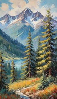 A breathtaking view of towering fir trees stands tall beside a tranquil lake, framed by majestic mountains under a clear blue sky, embodying the beauty of nature. Art illustration. Generative AI.
