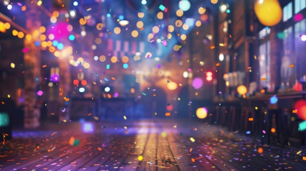 A party with lots of confetti and lights. Scene is festive and celebratory