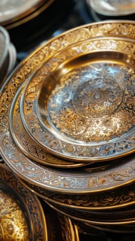 Gilded Islamic serving platters with intricate designs, perfect for entertaining guests in style.
