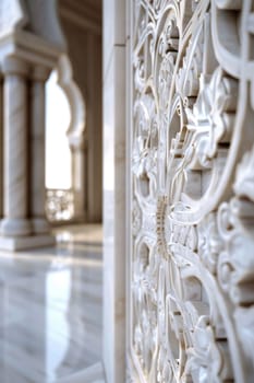 High-quality 3D rendering of Islamic art motifs adorning the walls of a grand mosque, creating a sense of reverence and awe.