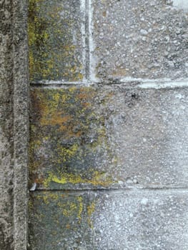 A grey and white wall with a few spots of color. The wall is made of concrete and has a rough texture