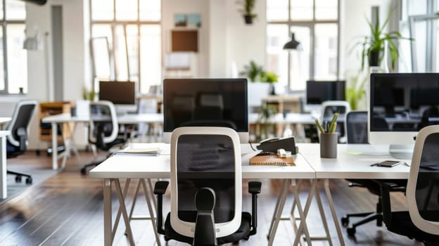 A large open office space with many desks and chairs. The chairs are mostly white and black, and the desks are mostly white. There are several potted plants in the room