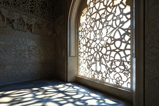 High-quality 3D model of an ornamental Islamic window, casting intricate patterns of light and shadow.