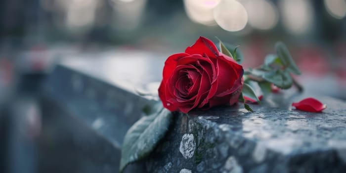 Minimalist image of a single rose laid on a gravestone.