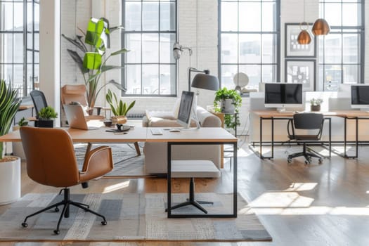 A modern office space with a brown chair and a desk with a plant on it. The room has a clean and organized look, with a couch and a few potted plants scattered throughout