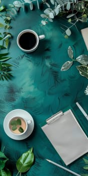A green table with two white cups and a notepad. The cups are filled with coffee and the notepad has a pen on it. The table is surrounded by plants and leaves, giving it a natural