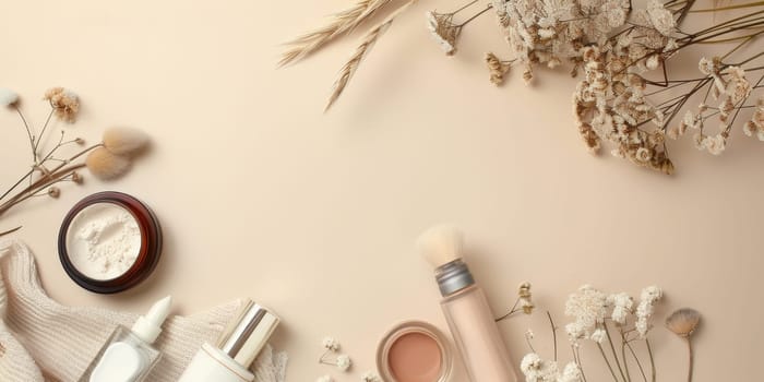 Neutral background with space for text alongside makeup products.