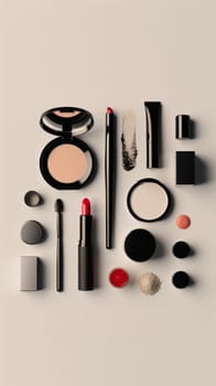 Sleek and sophisticated arrangement of makeup essentials in a minimalist flat lay format.