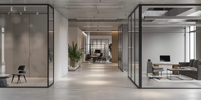 A large open office space with a modern design. The room is filled with natural light and has a clean, minimalist look