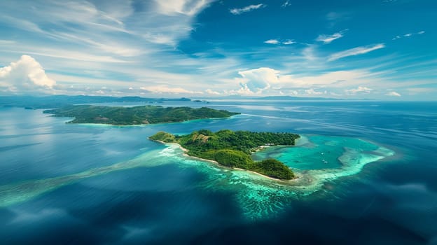 A beautiful island with a blue ocean in the background. The island is surrounded by water and has a lush green landscape