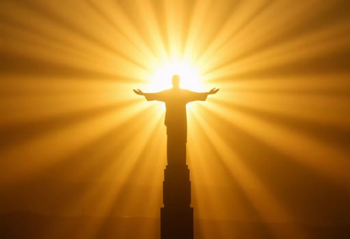 A figure representing Christ stands on a rocky elevation, arms outstretched towards the heavens, illuminated by a brilliant beam of light, symbolizing resurrection and divinity. Generative AI.