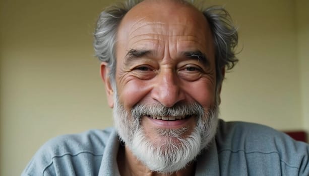 An elderly man enjoys a moment of happiness, displaying a big smile that highlights his deep lines of wisdom, creating a heartwarming atmosphere indoors. Generative AI.