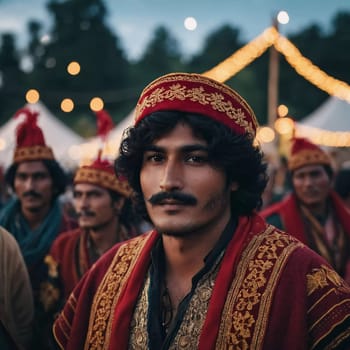 In a vibrant gathering, a young man dressed in rich traditional clothing showcases his cultural heritage. Others surround him, illuminated by festive lights in the evening atmosphere. Generative AI.