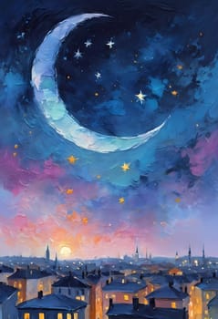 Golden lights twinkle from rooftops as a crescent moon and scattered stars brighten the serene night sky over a beautiful cityscape. Generative AI.