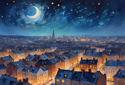 Golden lights twinkle from rooftops as a crescent moon and scattered stars brighten the serene night sky over a beautiful cityscape. Generative AI.