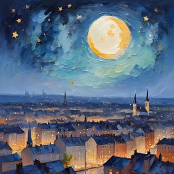 Golden lights twinkle from rooftops as a crescent moon and scattered stars brighten the serene night sky over a beautiful cityscape. Generative AI.