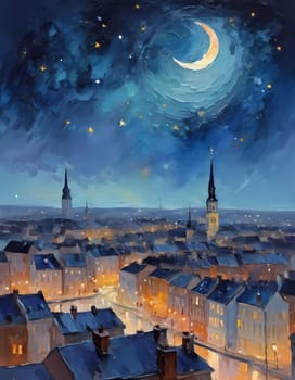 Golden lights twinkle from rooftops as a crescent moon and scattered stars brighten the serene night sky over a beautiful cityscape. Generative AI.
