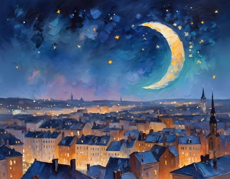 Golden lights twinkle from rooftops as a crescent moon and scattered stars brighten the serene night sky over a beautiful cityscape. Generative AI.