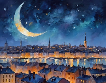 Golden lights twinkle from rooftops as a crescent moon and scattered stars brighten the serene night sky over a beautiful cityscape. Generative AI.