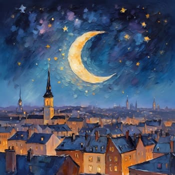 Golden lights twinkle from rooftops as a crescent moon and scattered stars brighten the serene night sky over a beautiful cityscape. Generative AI.