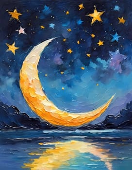 A breathtaking crescent moon glows brightly over a serene lake, surrounded by trees and a sky painted in hues of pink and purple, creating a peaceful twilight ambiance. Generative AI.