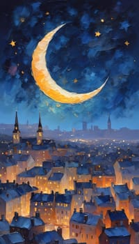 Golden lights twinkle from rooftops as a crescent moon and scattered stars brighten the serene night sky over a beautiful cityscape. Generative AI.