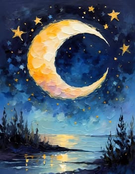 A breathtaking crescent moon glows brightly over a serene lake, surrounded by trees and a sky painted in hues of pink and purple, creating a peaceful twilight ambiance. Generative AI.