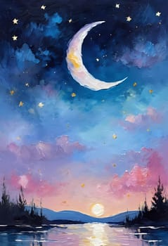 A breathtaking crescent moon glows brightly over a serene lake, surrounded by trees and a sky painted in hues of pink and purple, creating a peaceful twilight ambiance. Generative AI.