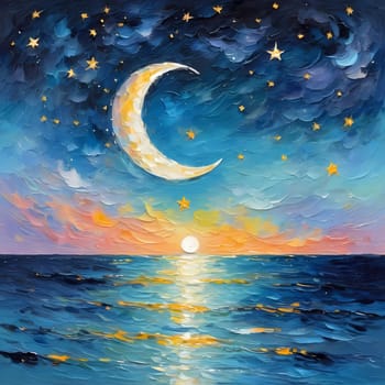 A breathtaking crescent moon glows brightly over a serene lake, surrounded by trees and a sky painted in hues of pink and purple, creating a peaceful twilight ambiance. Generative AI.
