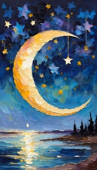 A breathtaking crescent moon glows brightly over a serene lake, surrounded by trees and a sky painted in hues of pink and purple, creating a peaceful twilight ambiance. Generative AI.