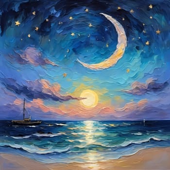 A breathtaking crescent moon glows brightly over a serene lake, surrounded by trees and a sky painted in hues of pink and purple, creating a peaceful twilight ambiance. Generative AI.
