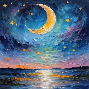 A breathtaking crescent moon glows brightly over a serene lake, surrounded by trees and a sky painted in hues of pink and purple, creating a peaceful twilight ambiance. Generative AI.