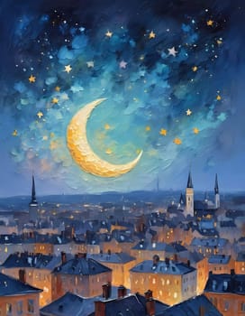 Golden lights twinkle from rooftops as a crescent moon and scattered stars brighten the serene night sky over a beautiful cityscape. Generative AI.