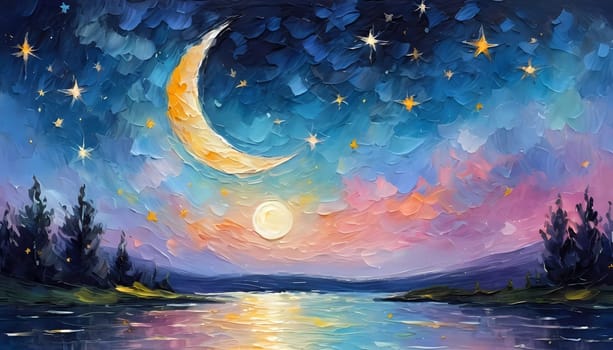A breathtaking crescent moon glows brightly over a serene lake, surrounded by trees and a sky painted in hues of pink and purple, creating a peaceful twilight ambiance. Generative AI.