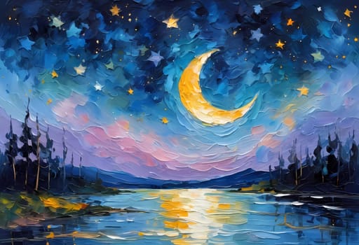 A breathtaking crescent moon glows brightly over a serene lake, surrounded by trees and a sky painted in hues of pink and purple, creating a peaceful twilight ambiance. Generative AI.
