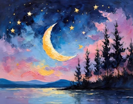 A breathtaking crescent moon glows brightly over a serene lake, surrounded by trees and a sky painted in hues of pink and purple, creating a peaceful twilight ambiance. Generative AI.