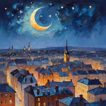 Golden lights twinkle from rooftops as a crescent moon and scattered stars brighten the serene night sky over a beautiful cityscape. Generative AI.