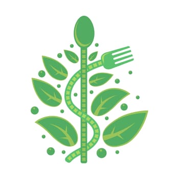 Vector healthy food icon with spoon, fork and green leaves isolated on white background.