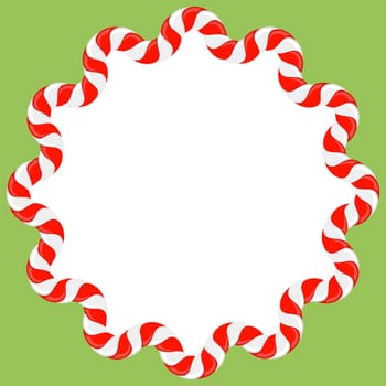 Vector Christmas candy cane frame with red and white stripes on green background. Xmas border.