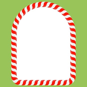 Vector Christmas candy cane frame with red and white stripes on green background. Xmas border.