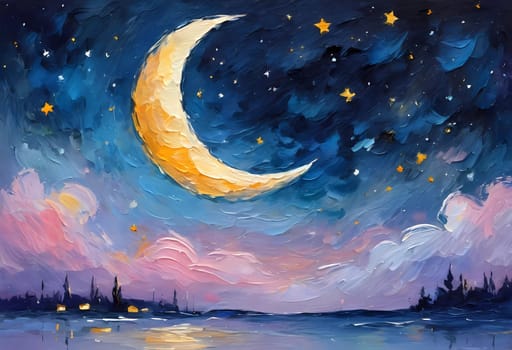 A breathtaking crescent moon glows brightly over a serene lake, surrounded by trees and a sky painted in hues of pink and purple, creating a peaceful twilight ambiance. Generative AI.