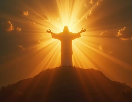 A figure representing Christ stands on a rocky elevation, arms outstretched towards the heavens, illuminated by a brilliant beam of light, symbolizing resurrection and divinity. Generative AI.