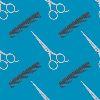 Vector Silhouettes of hairdressing accessories isolated on blue background. Hairdresser tool. Scissors, comb, hairbrush for barbershop. Seamless pattern.