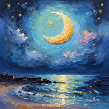 A breathtaking crescent moon glows brightly over a serene lake, surrounded by trees and a sky painted in hues of pink and purple, creating a peaceful twilight ambiance. Generative AI.