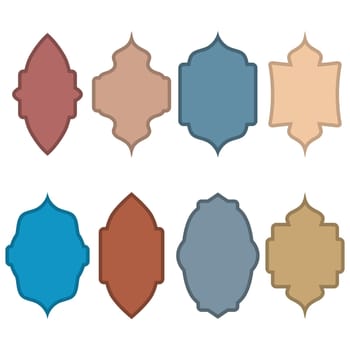 Vector arabic windows. Oriental style Islamic windows and arches with modern design, moon, mosque dome and lanterns.